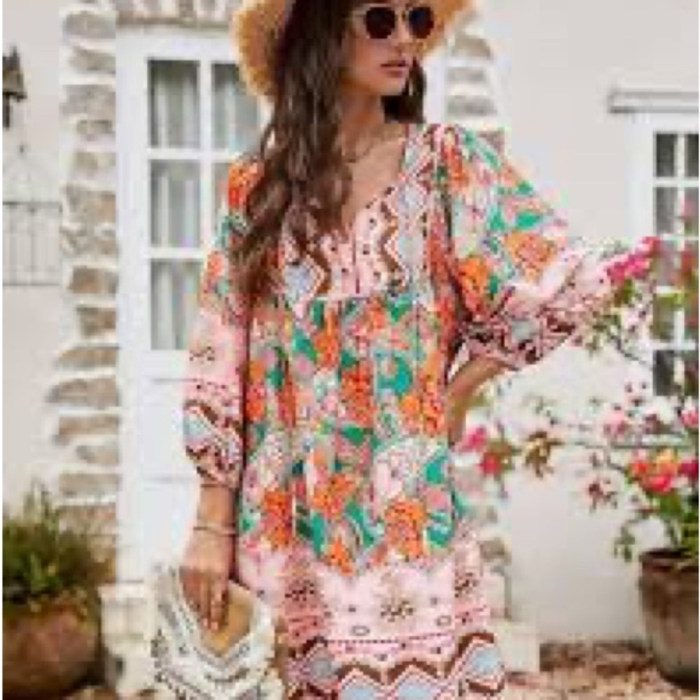 Floral Bohemian Dress - 3/4 sleeves babydoll floral